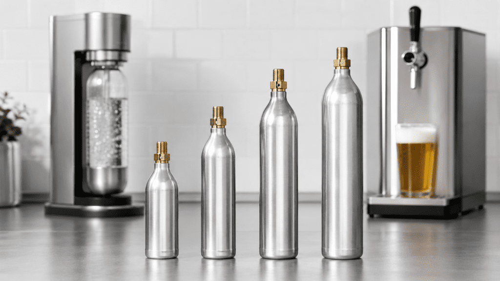 60g 74g 88g and 110g CO2 cylinders for soda makers and beer machines displayed with capacity comparison labels
