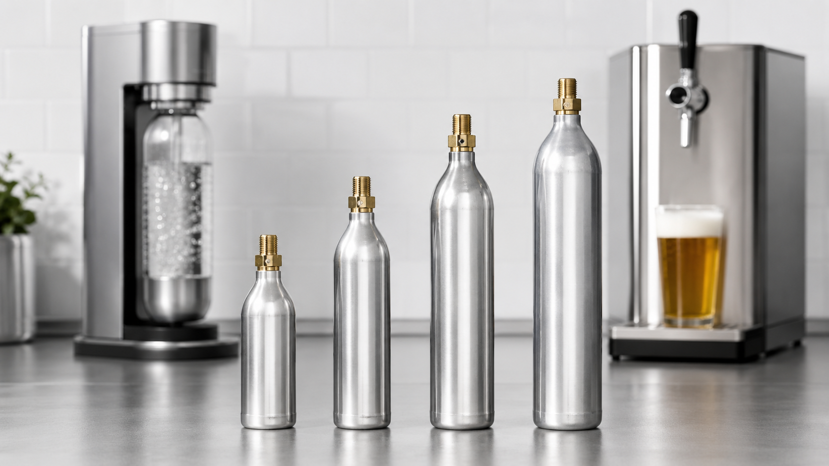 60g 74g 88g and 110g CO2 cylinders for soda makers and beer machines displayed with capacity comparison labels