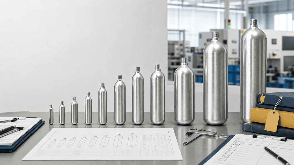 PopularGas CO2 cartridge size guide showing multiple CO2 cartridge sizes on a factory inspection desk