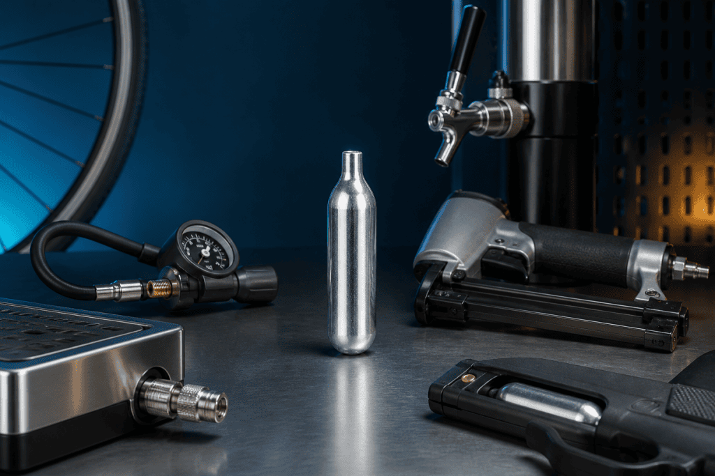 12g CO2 cartridge uses: bicycle inflator, beverage dispenser and pneumatic tool applications