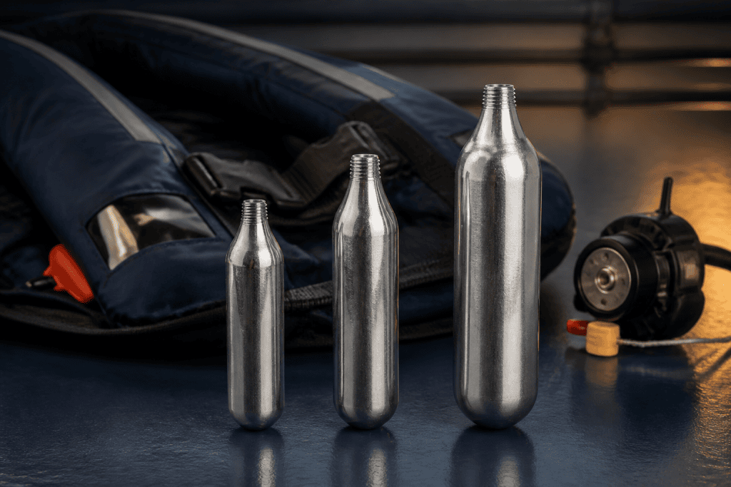 38g, 45g and 60g CO2 cartridges beside a life-jacket inflator for an OEM size comparison