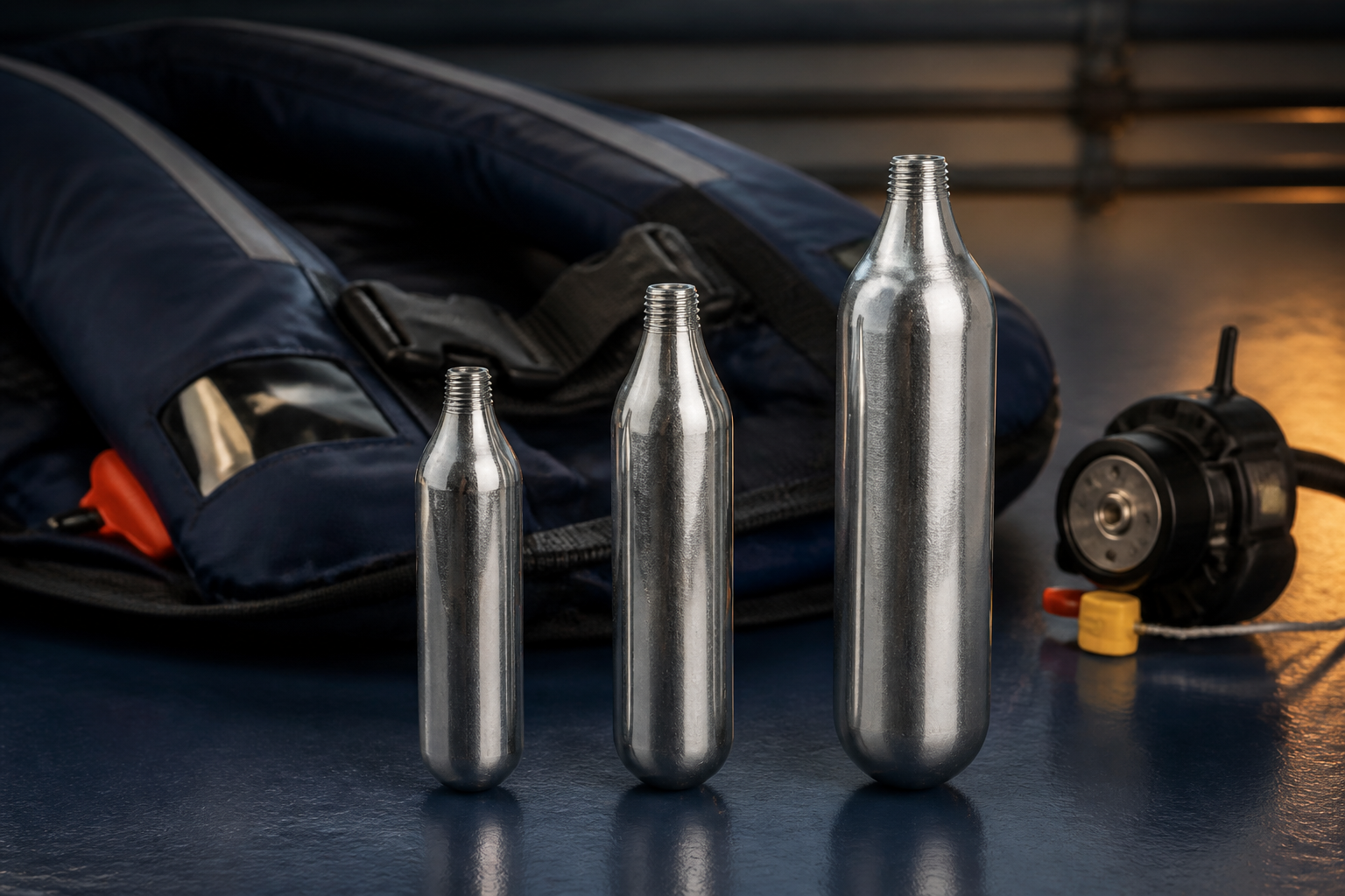 38g, 45g and 60g CO2 cartridges beside a life-jacket inflator for an OEM size comparison