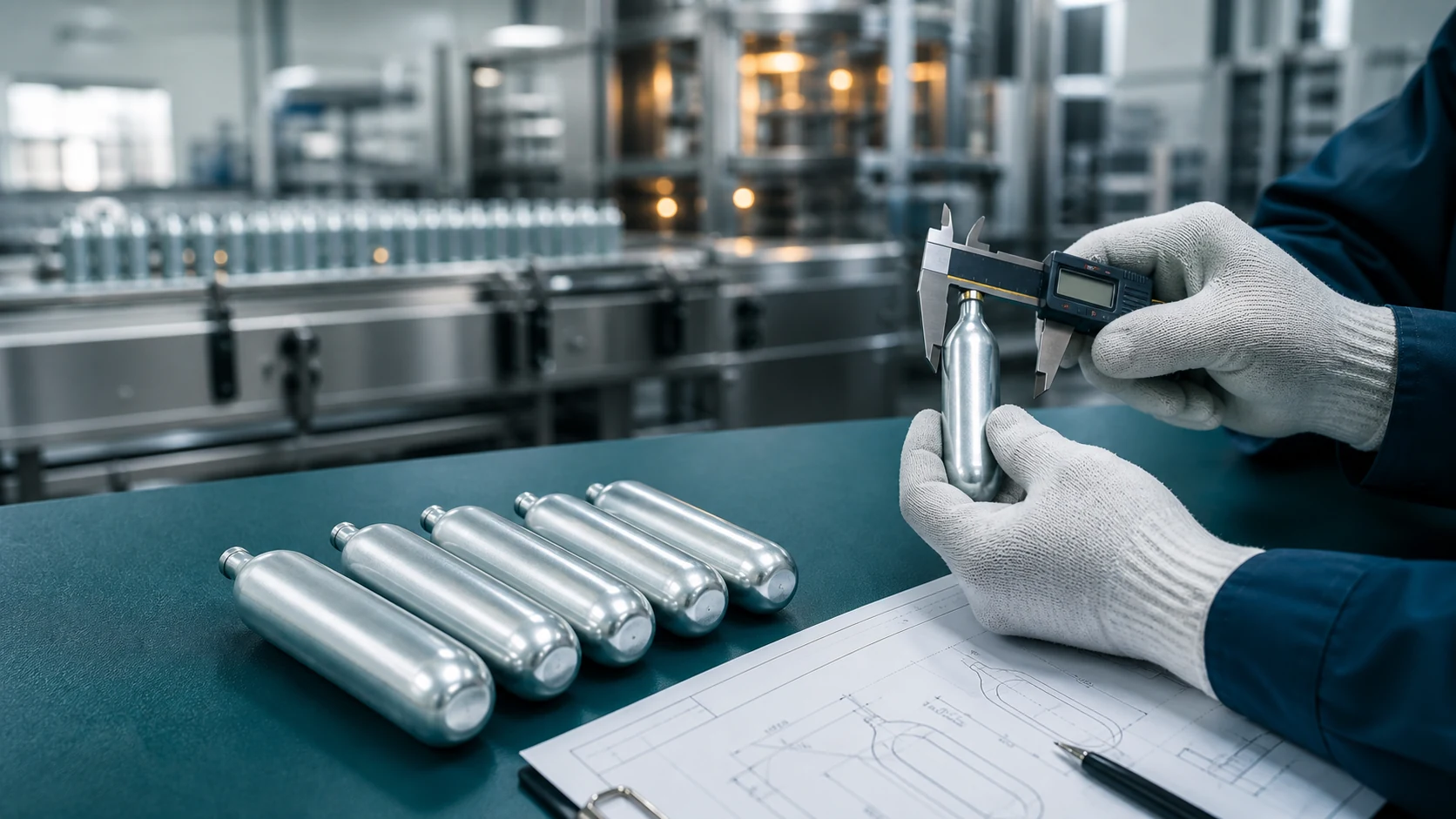 CO2 cartridge OEM factory quality inspection with digital caliper