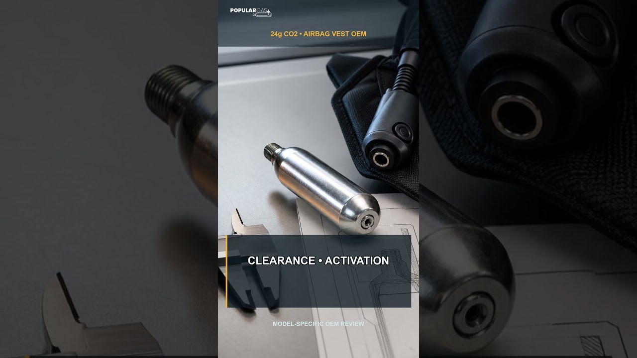 24g threaded CO2 cartridge beside an inflatable protective vest module during OEM compatibility review